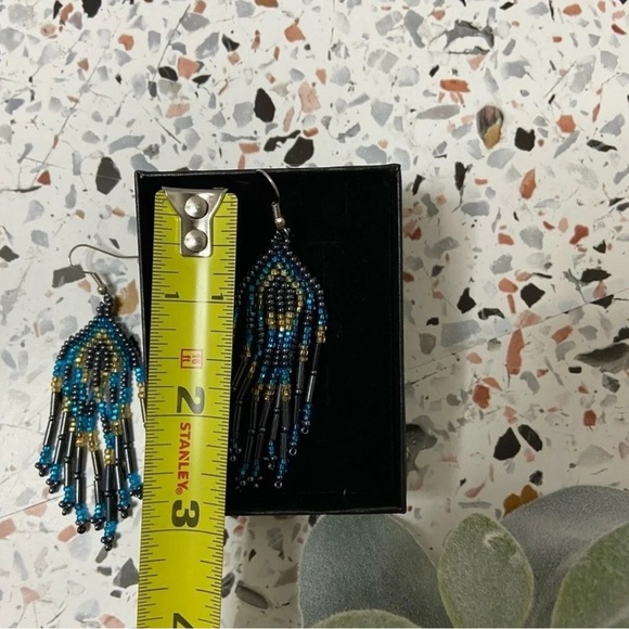 Bohemian Blue Gold Beaded Dangle Earrings Sterling Silver Eclectic Tribal NEW - Picture 6 of 8